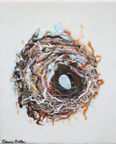 Prints available, original ***SOLD*** Carrie Goller - Sheltered II, Encaustic on wood block 10.75 x 8.75