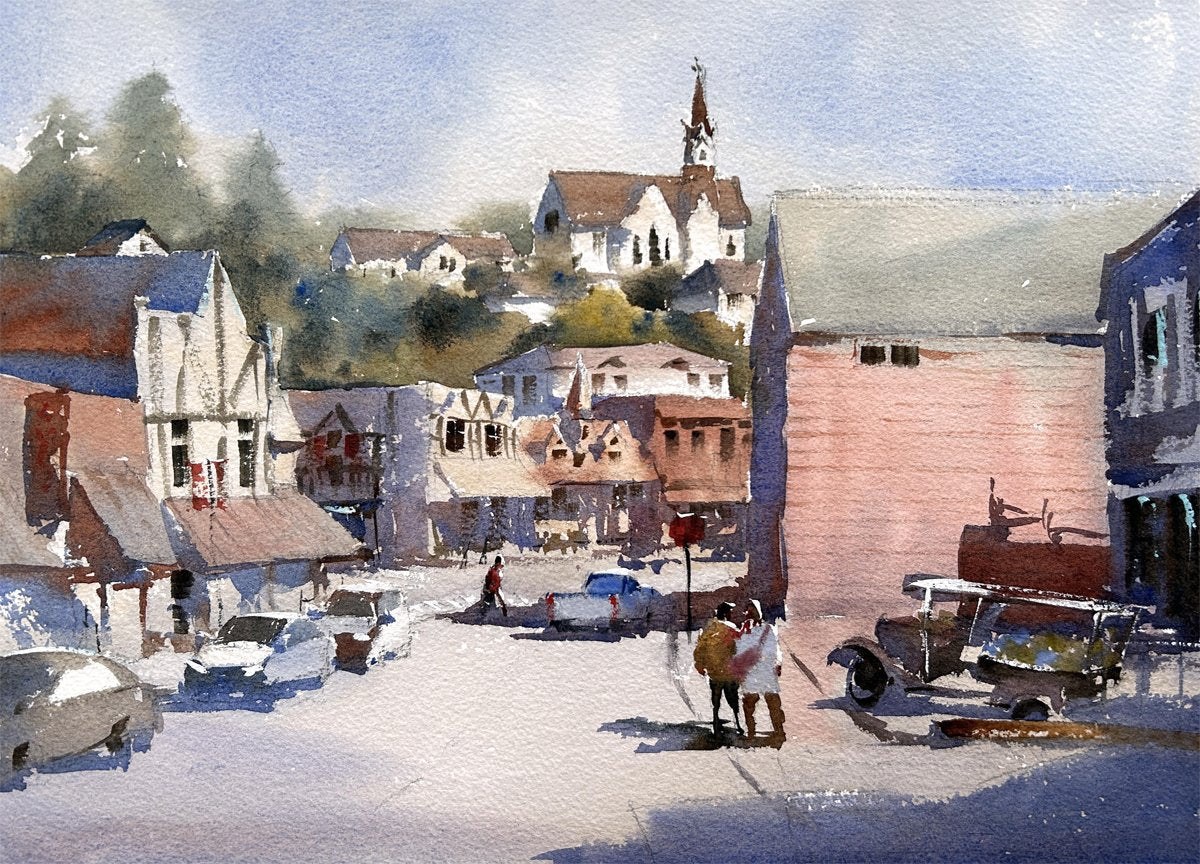 Ina Xi - Shops on Front Street No.2 (Poulsbo, WA), Original Plein Air Watercolor, 10x14 (12.5x16.5 framed)