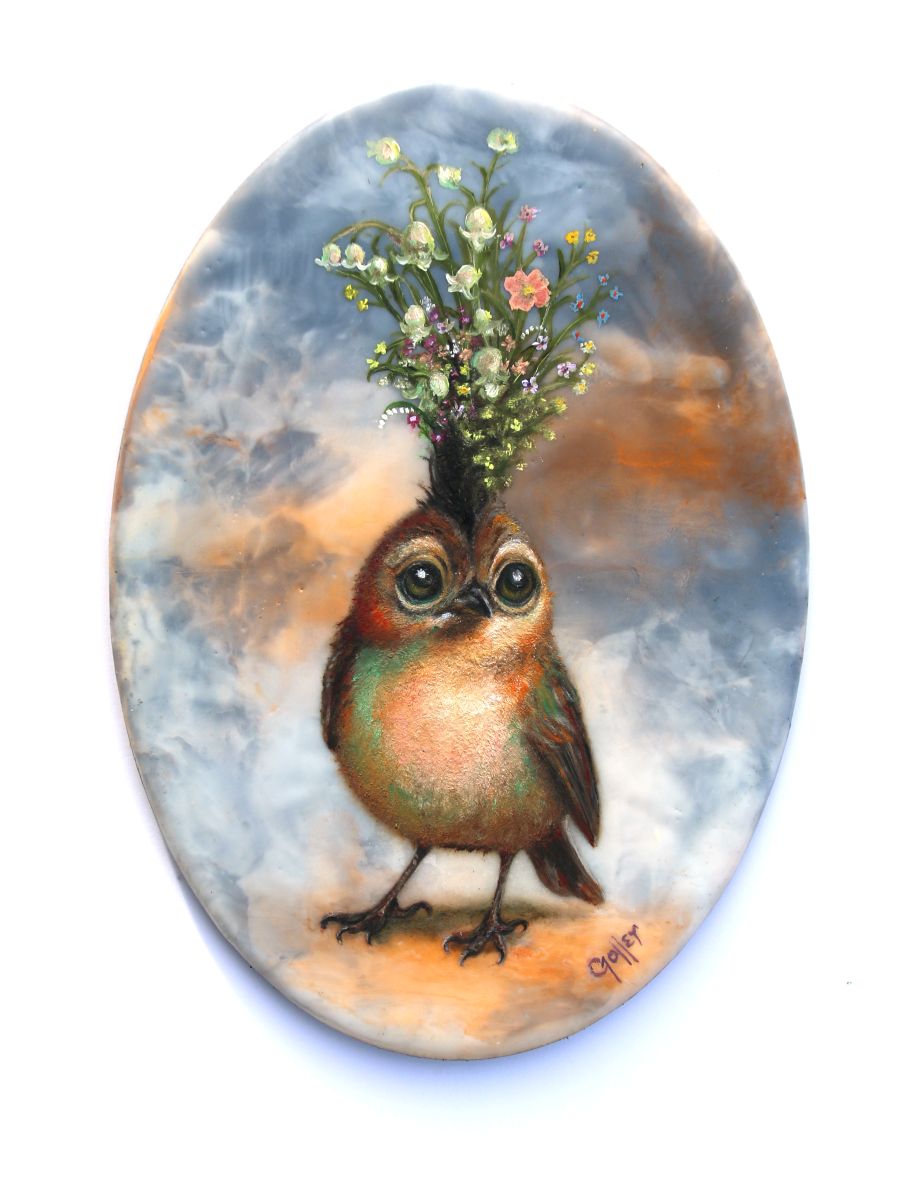 CARRIE GOLLER - Signe (Floriferous Bird), Original Oil/Encaustic Mixed Media, 7x5 ***At Rehs Contemporary Galleries, NYC; please inquire at (212) 355-5710***