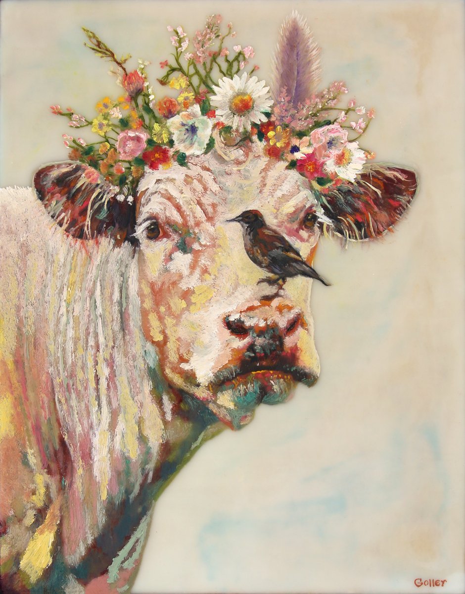 ***SOLD*** Carrie Goller - Simpatico, Floriferous Series Cow, mixed media - oil/encaustic 14x11 ***At Abend Gallery, Denver, CO please inquire at (303) 355-0950***