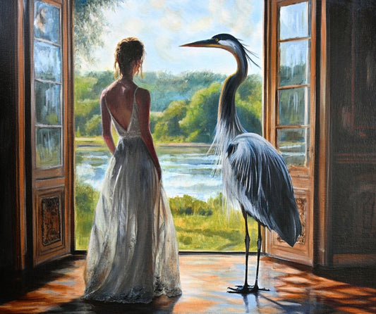 JANDI SMALL - She Had Been Waiting for a Sign and it Arrived with Feathers, Oil on Canvas with Wood Panel, 20x24