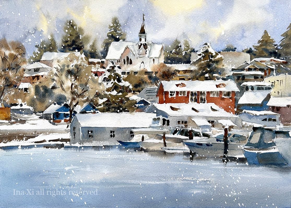 ***SOLD, Prints available*** Ina Xi - Snowy Morning in Poulsbo, Original Watercolor, 10x14 (12.5x16.5 framed)