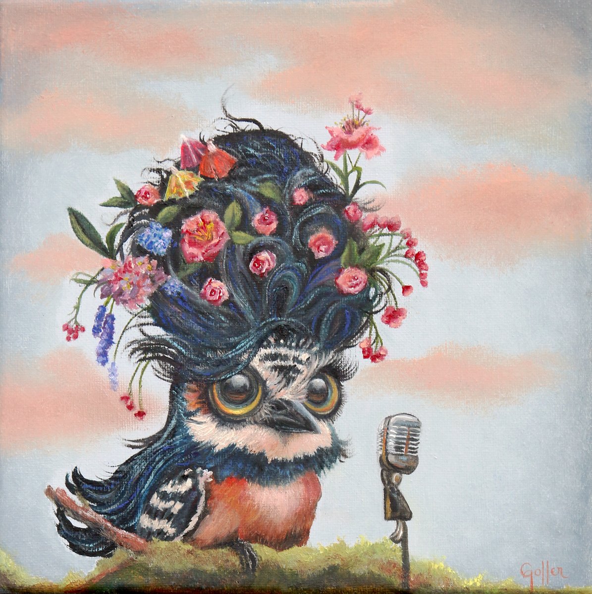 Prints available, original ***SOLD*** CARRIE GOLLER - SongBird (Floriferous Collection), oil 8x8 ***At Rehs Contemporary Galleries, NYC, please inquire at (212) 355-5710***