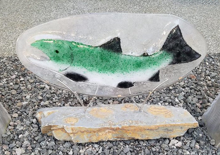 BOB KIMBALL - Spring Salmon glass sculpture with stone and steel 12Hx24Lx5D