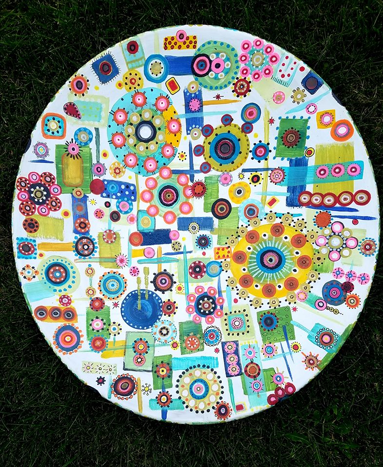 ***SOLD*** Carrie Goller - Sputnika, 22 x 20.5 x 1 acrylic on recycled metal