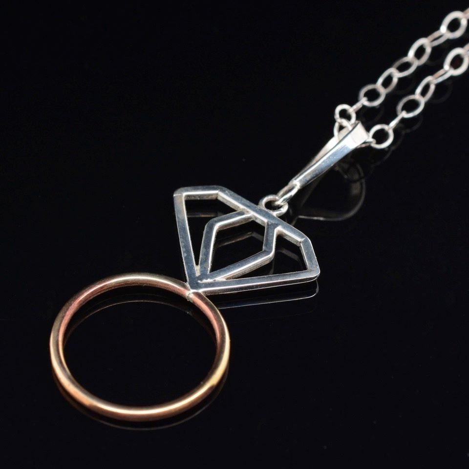 Jody Lyle - Sterling Wire Frame Gem Ring Pendant, Sterling Silver Chain