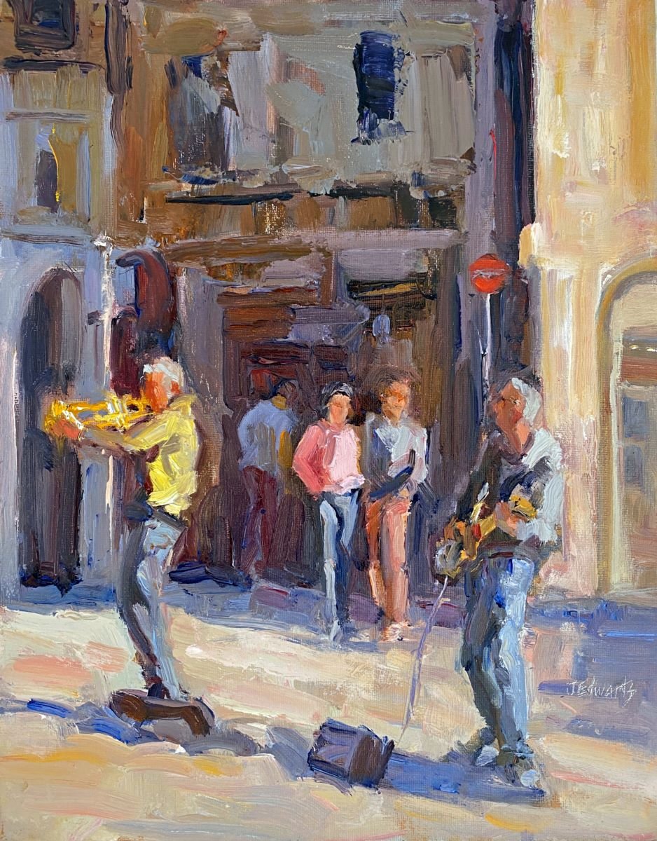 JEANNE EDWARDS - Street Music, oil on panel, 11x14 (framed)