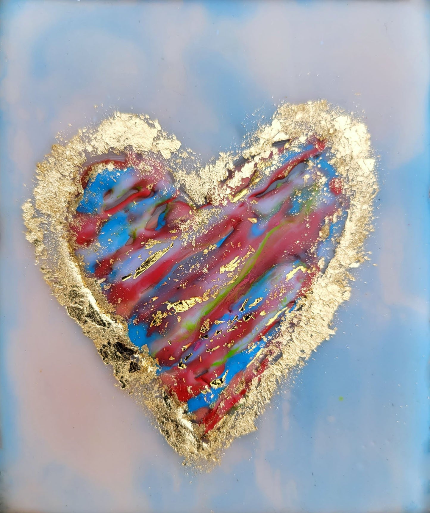 ***SOLD*** Carrie Goller - Striped heart on sky blue with gold leaf, encaustic 4.5x5.5