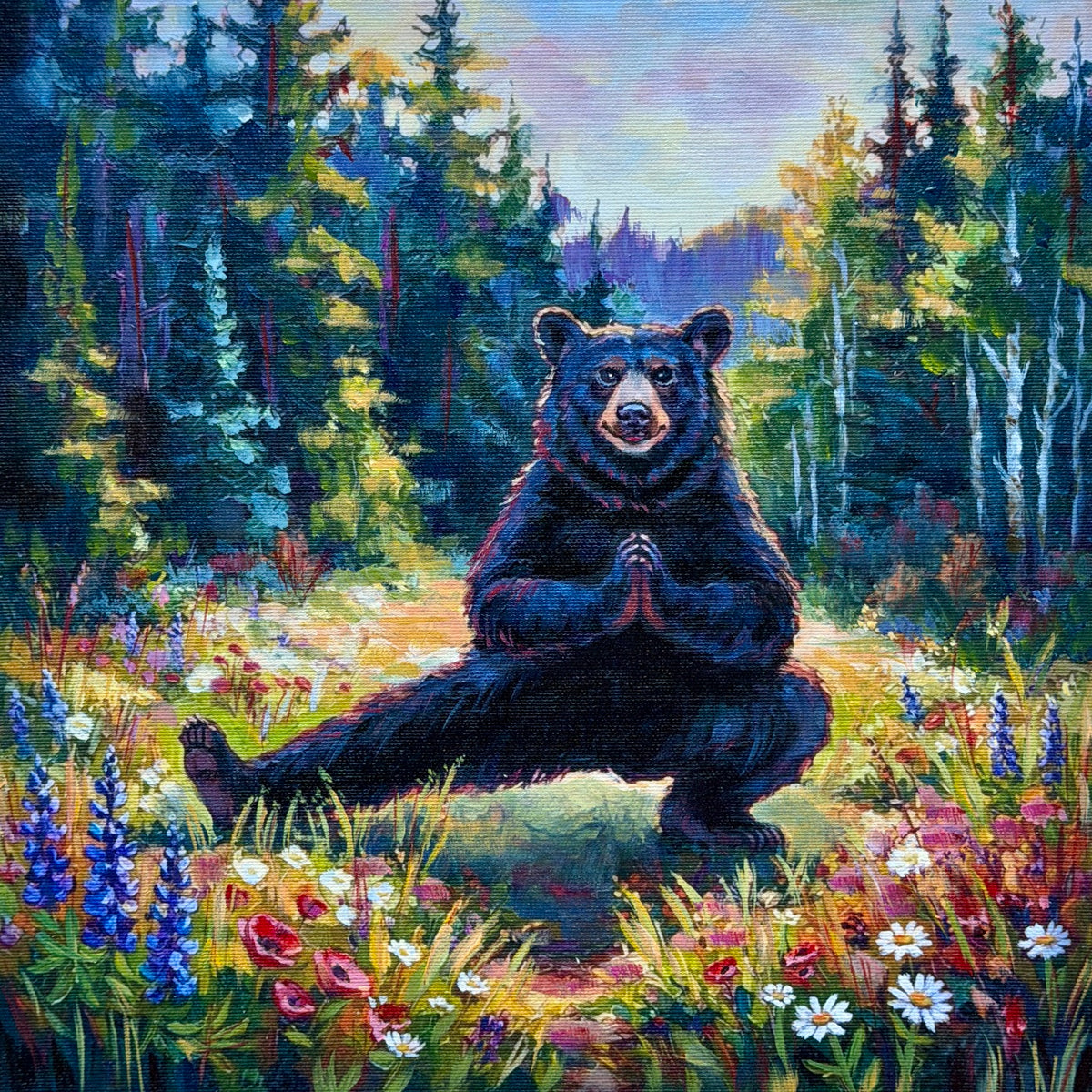 JANDI SMALL - Yoga Bear - Goddess Pose, Oil on canvas panel, 12x12