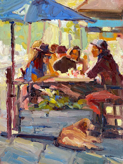 ***SOLD*** JEANNE EDWARDS - Sunlit Cafe, oil on panel (framed) 9x12