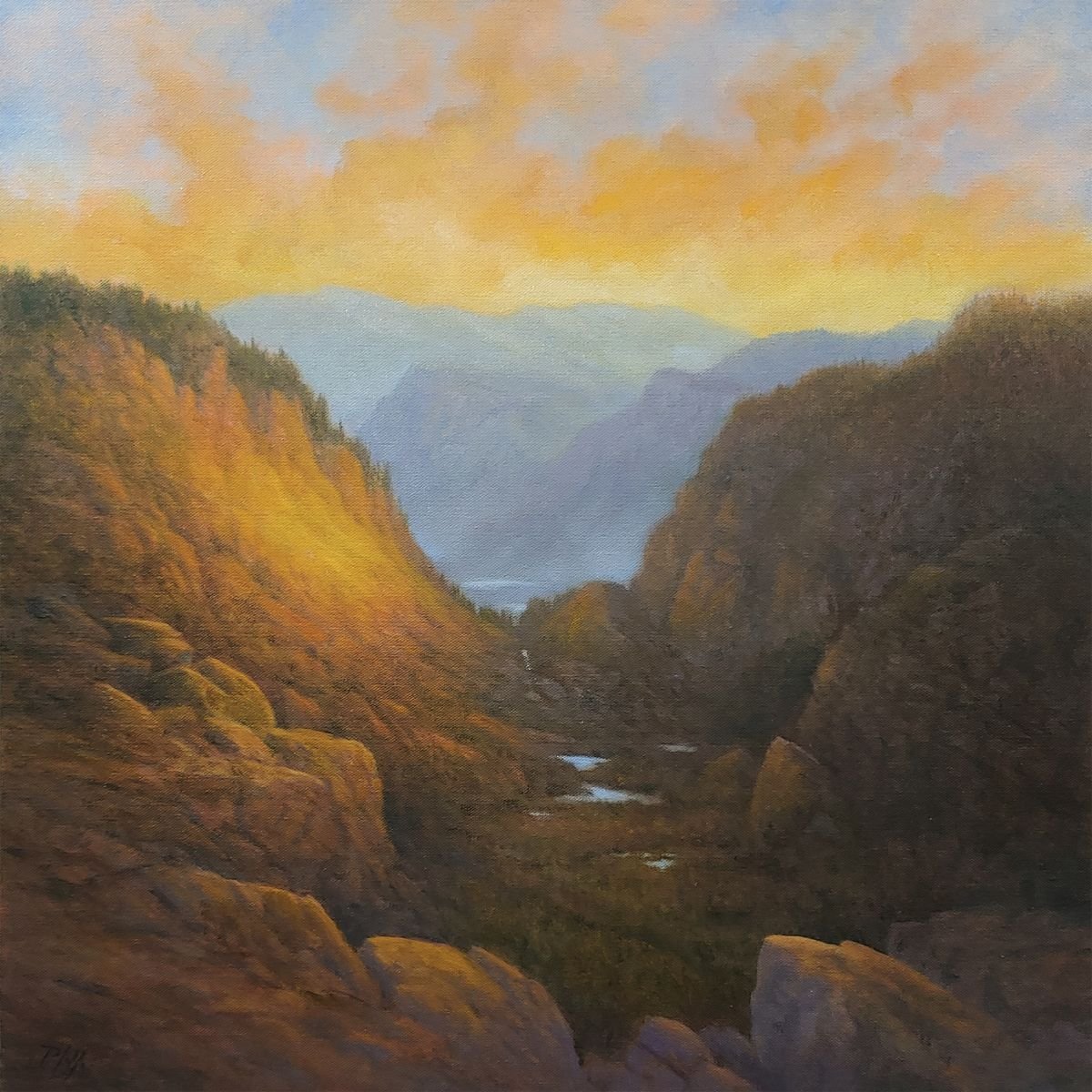 TIM PFEIFFER - Sunlit Canyon, oil on 1 1/2" deep gallery wrap canvas 24x24 (framed)