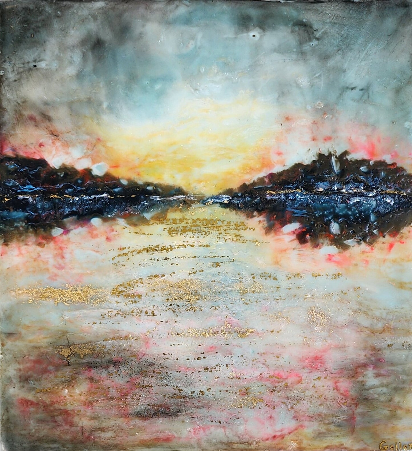 Carrie Goller - Sunlit Fog, Encaustic/Gold leaf 7.3x6.8
