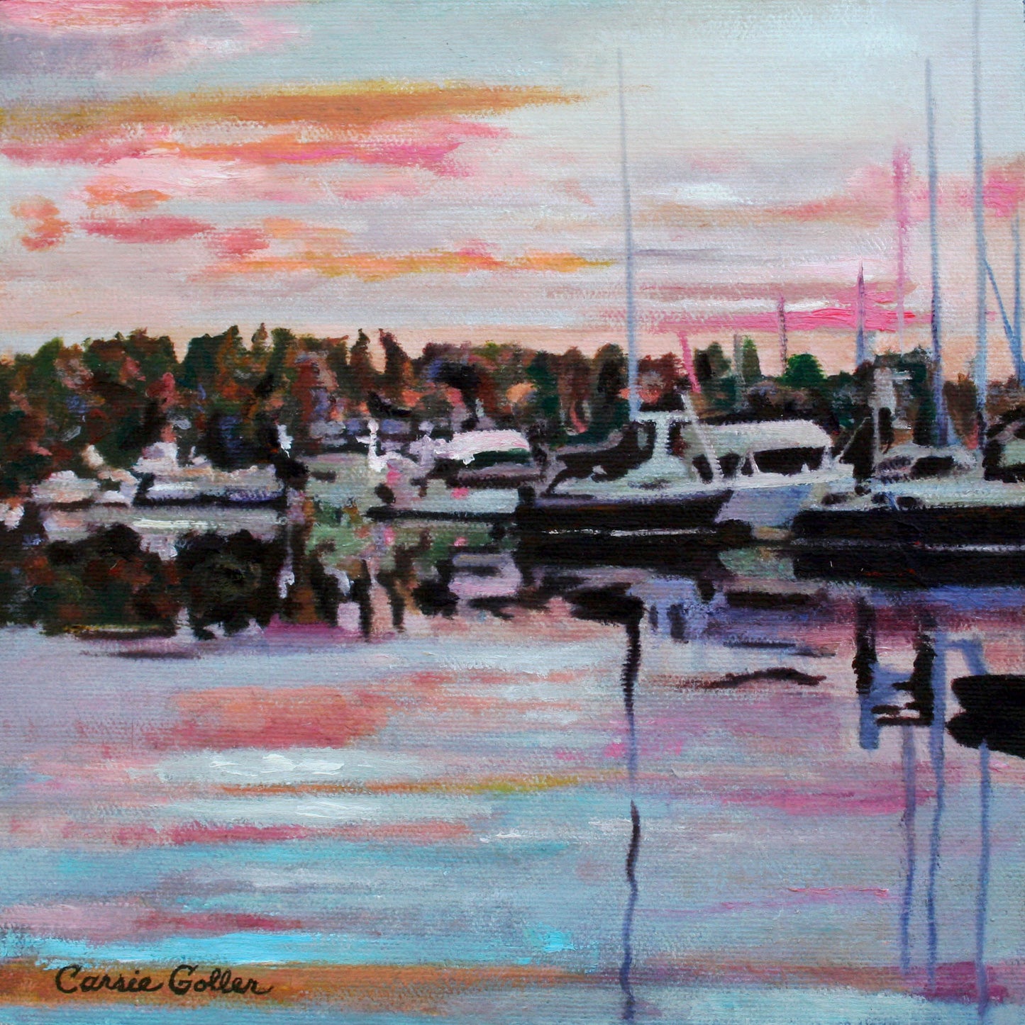 CARRIE GOLLER PRINTS - IMPRESSIONIST - SUNSET FRIDAY HARBOR original mixed media, 8x8