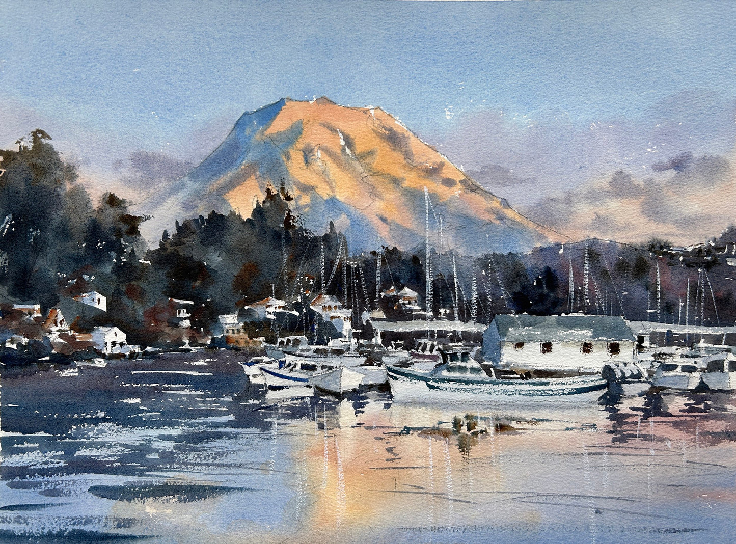 ***SOLD, Prints available*** Ina Xi - Sunset over Gig Harbor, Original Plein Air Watercolor, 11x15 (13.5x17.5 framed)