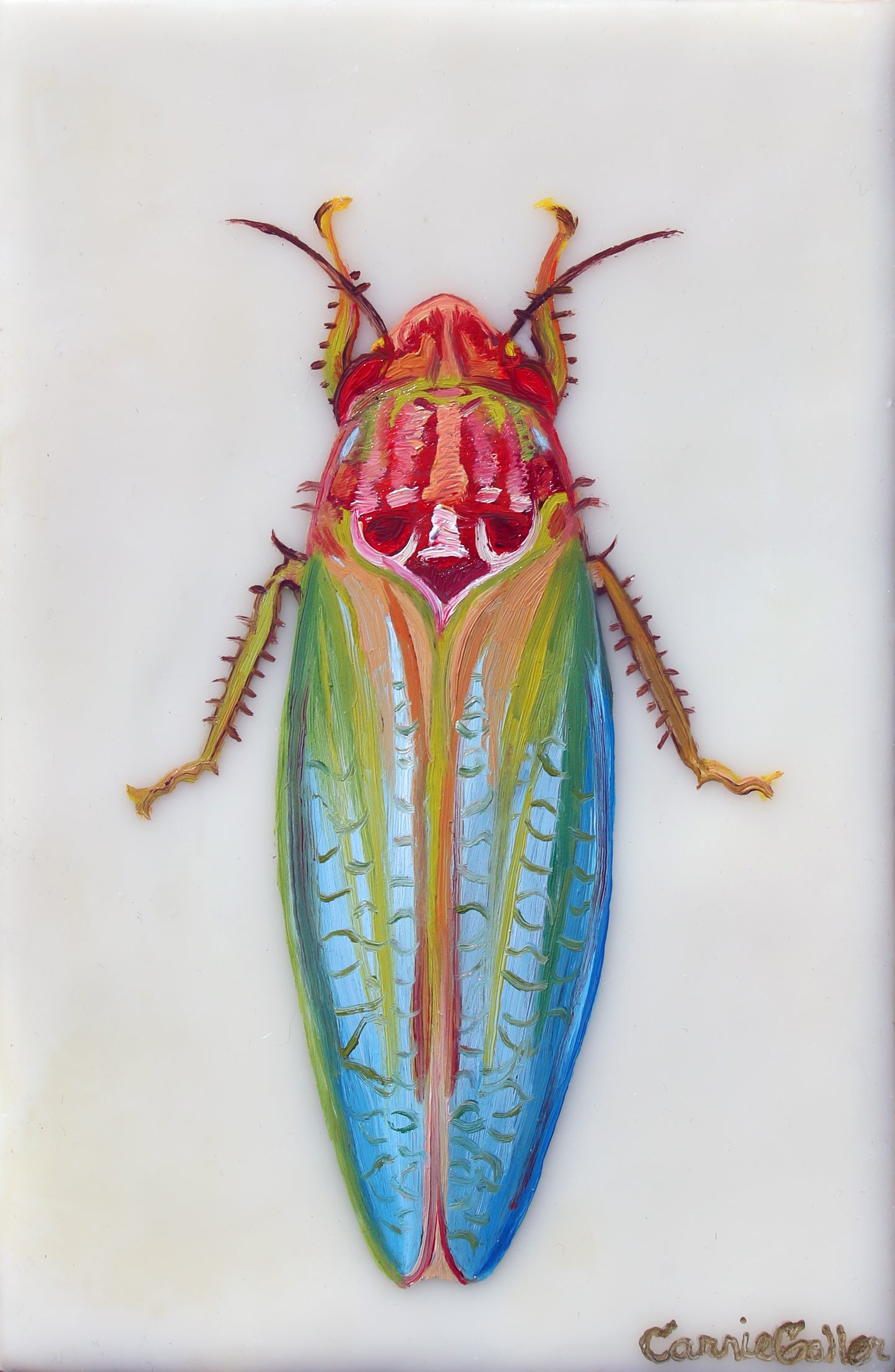 Prints available, original ***SOLD*** Surfboard Bug - Encaustic & Oil 7x4.5