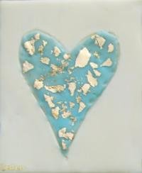 ***SOLD*** Carrie Goller - Teal Blue Heart with Gold Leaf on Cream, encaustic 4x3.5