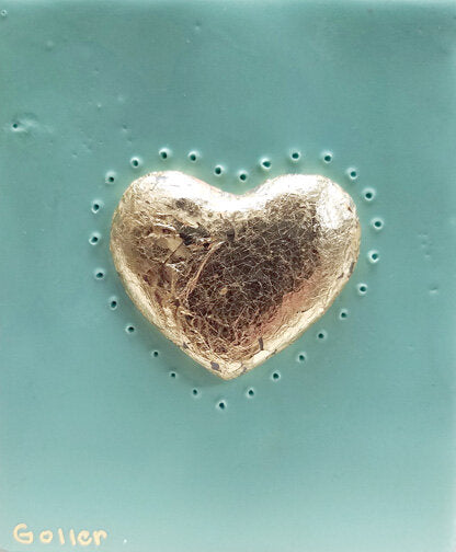 ***SOLD*** Carrie Goller - Teal Green Heart of Gold, encaustic/gold leaf 4x3.5