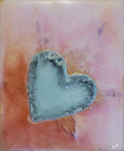 ***SOLD*** Carrie Goller - Teal Heart on Opalescent Pink, encaustic 4x3.5