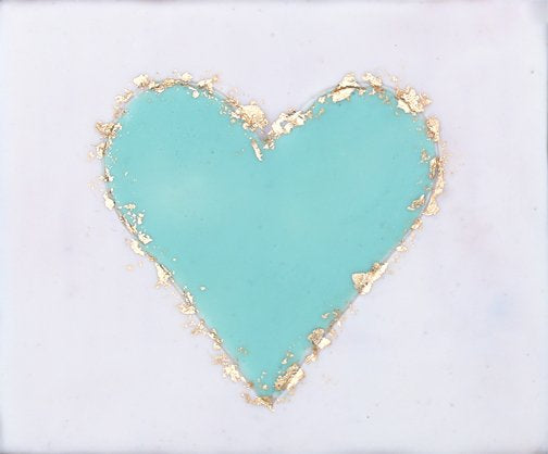 ***SOLD*** Carrie Goller - Teal on white heart 5.5x4.5, encaustic and gold leaf