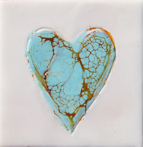 ***SOLD*** Carrie Goller - Marbled Teal Heart on White, encaustic 4x4