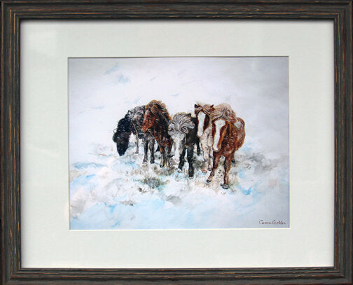 ***SOLD*** Carrie Goller - The Huddle, Watercolor print 11x14 framed in white mat, wood frame