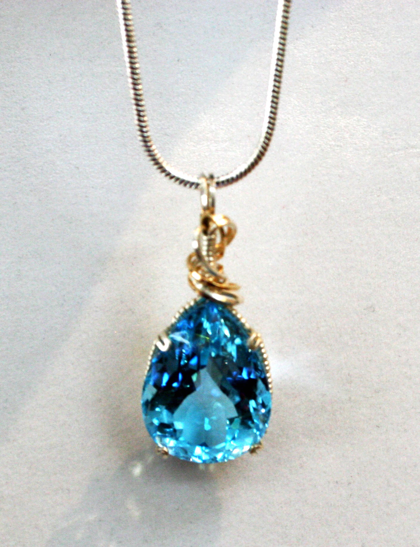 ***SOLD*** CHARLES GOLLER - 49 carat genuine Blue Topaz: sterling silver wire-wrapped gemstone pendant-necklace with sterling snake chain
