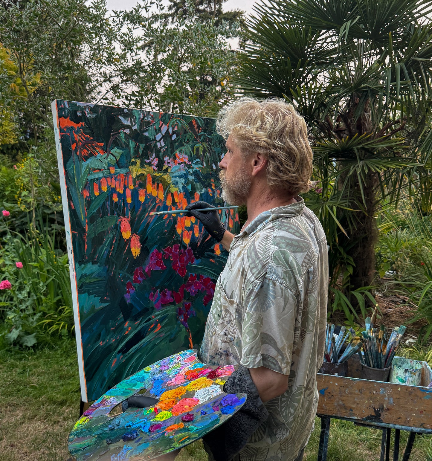 *** IN PROGRESS*** BRIAN MAHIEU - Torch Lilies and Bougainvillea—Nightfall, Plein Air Oil on Canvas, 40” X 30”