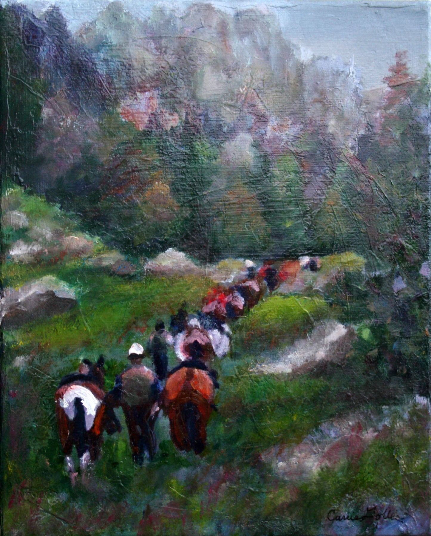 CARRIE GOLLER PRINTS - IMPRESSIONIST - Trail Boss Brings up the Rear original mixed media, 10x8