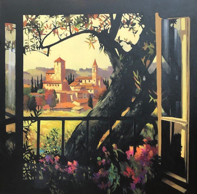 MAX HAYSLETTE - Matthews collection, Untitled (Tree Through Window) Original Oil on Canvas, 30x30 (50% of proceeds benefits Kitsap Community Foundation)