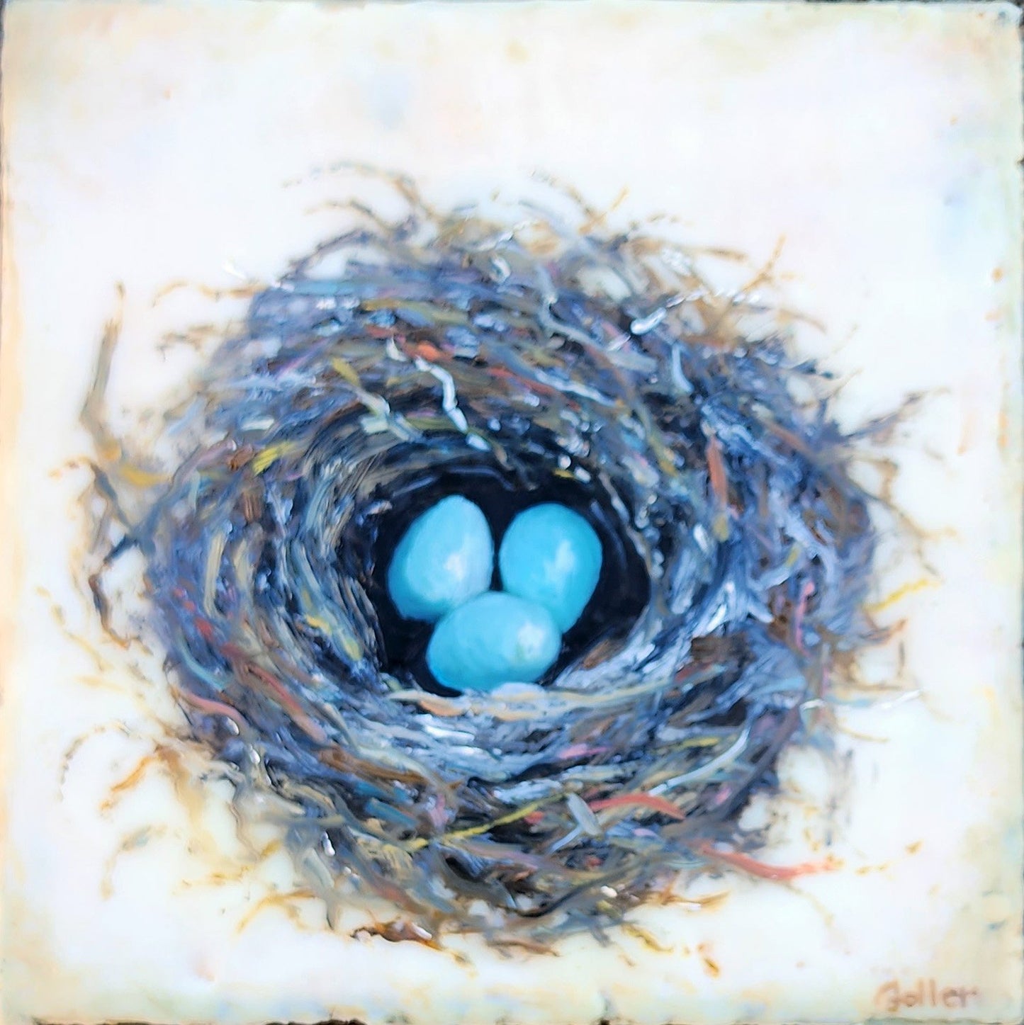 Carrie Goller - Trois III, mixed media: oil on encaustic 7.3x7.3