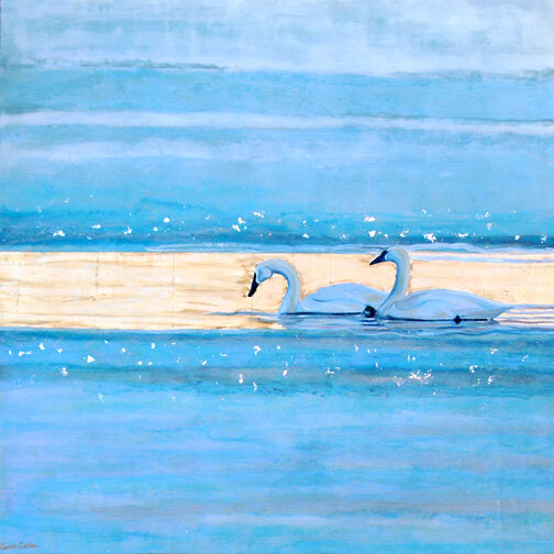 Prints available, original ***SOLD*** CARRIE GOLLER - Trumpeters, encaustic, mixed media (gold/silver leaf) 40x40