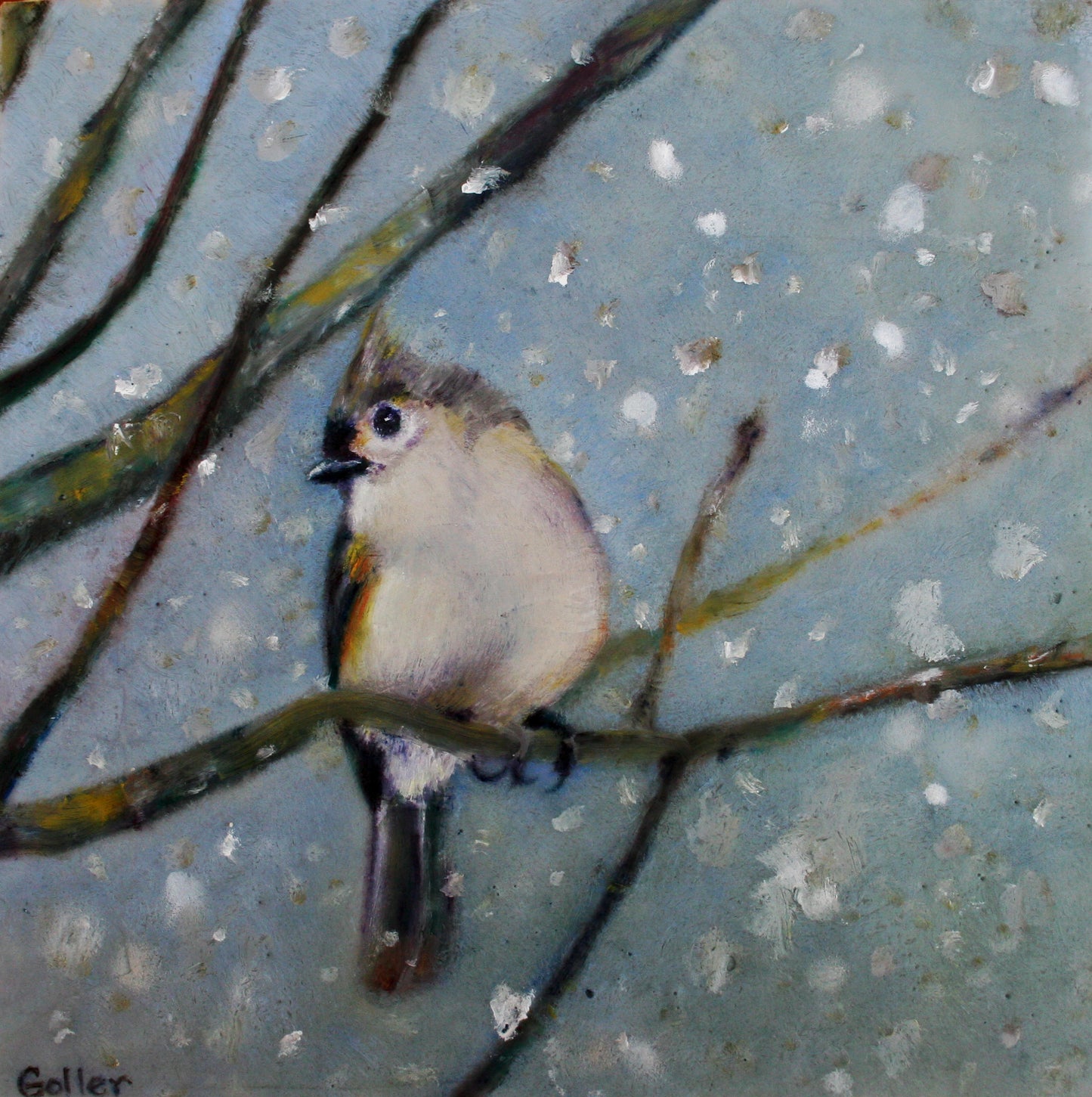 ***SOLD*** Cardinal in Winter - encaustic/mixed media - 5 x 7