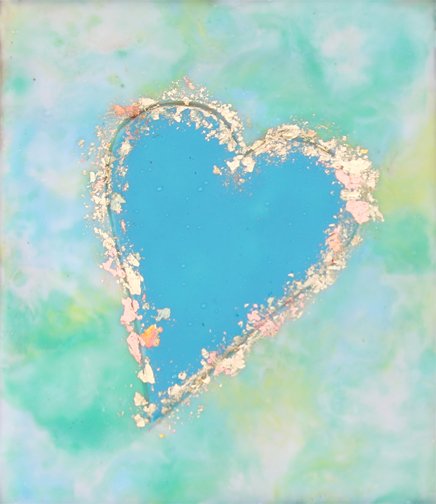 ***SOLD*** Carrie Goller - Turquoise heart on yellow green blue 5.5x4.5, encaustic and gold leaf