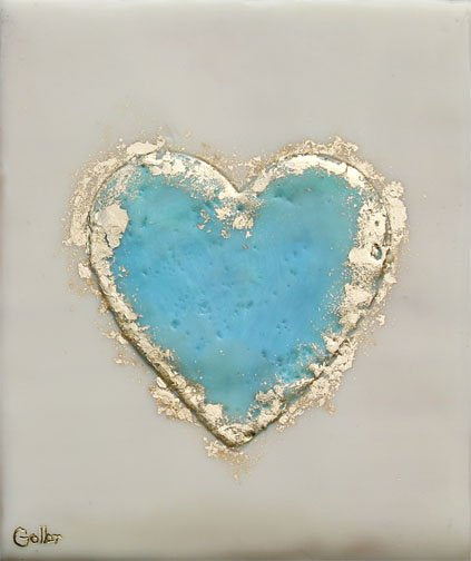 ***SOLD*** Carrie Goller - Turquoise Heart on White with Gold Leaf, encaustic 5.25x5