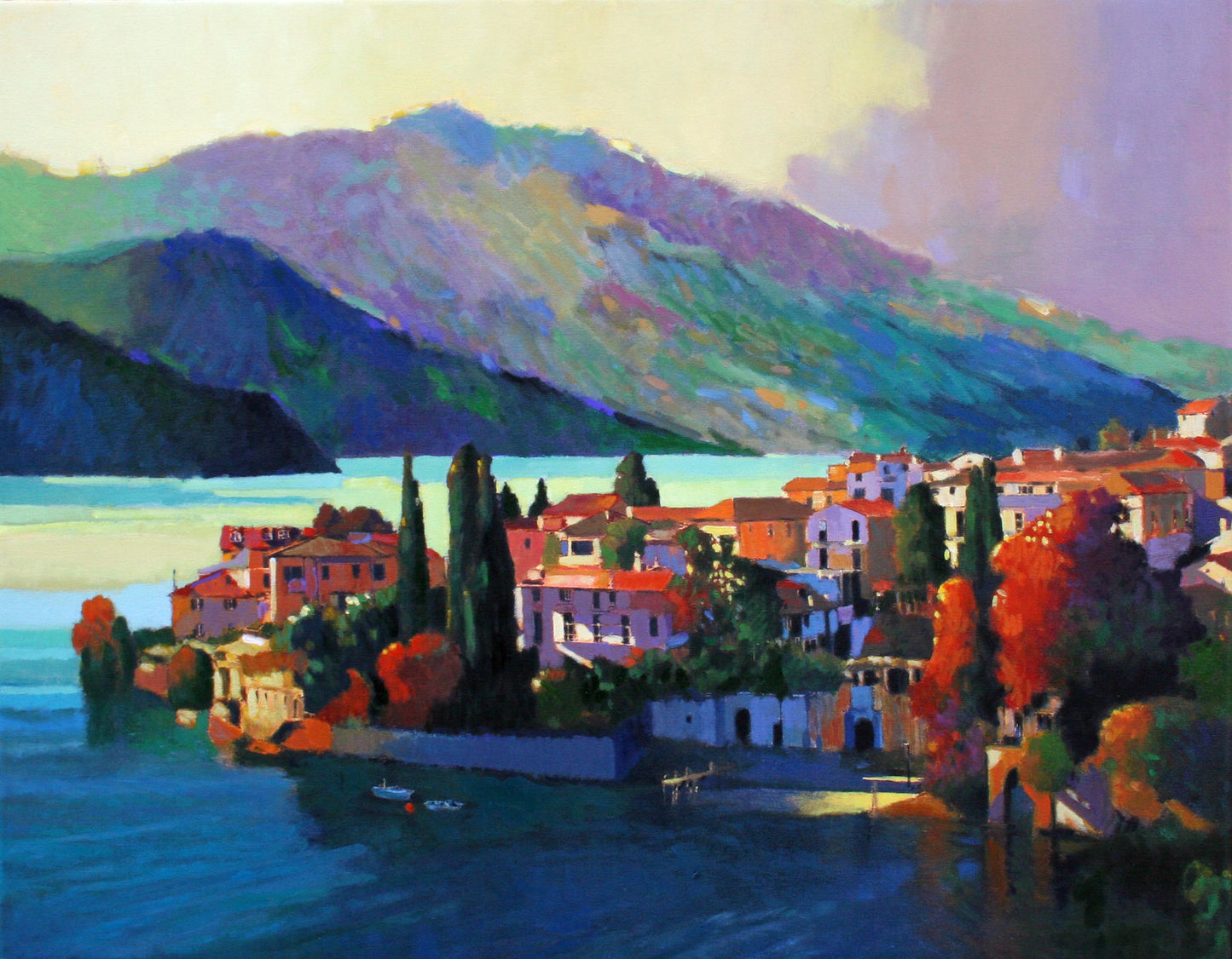 Prints available, original ***SOLD*** MAX HAYSLETTE - Study #2; Lake Como in Autumn, 22x28, Oil & Mixed Media
