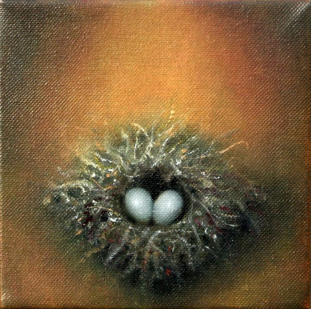 Prints available, original ***SOLD*** CARRIE GOLLER - Twins Nest, oil on canvas, 6x6 (framed)