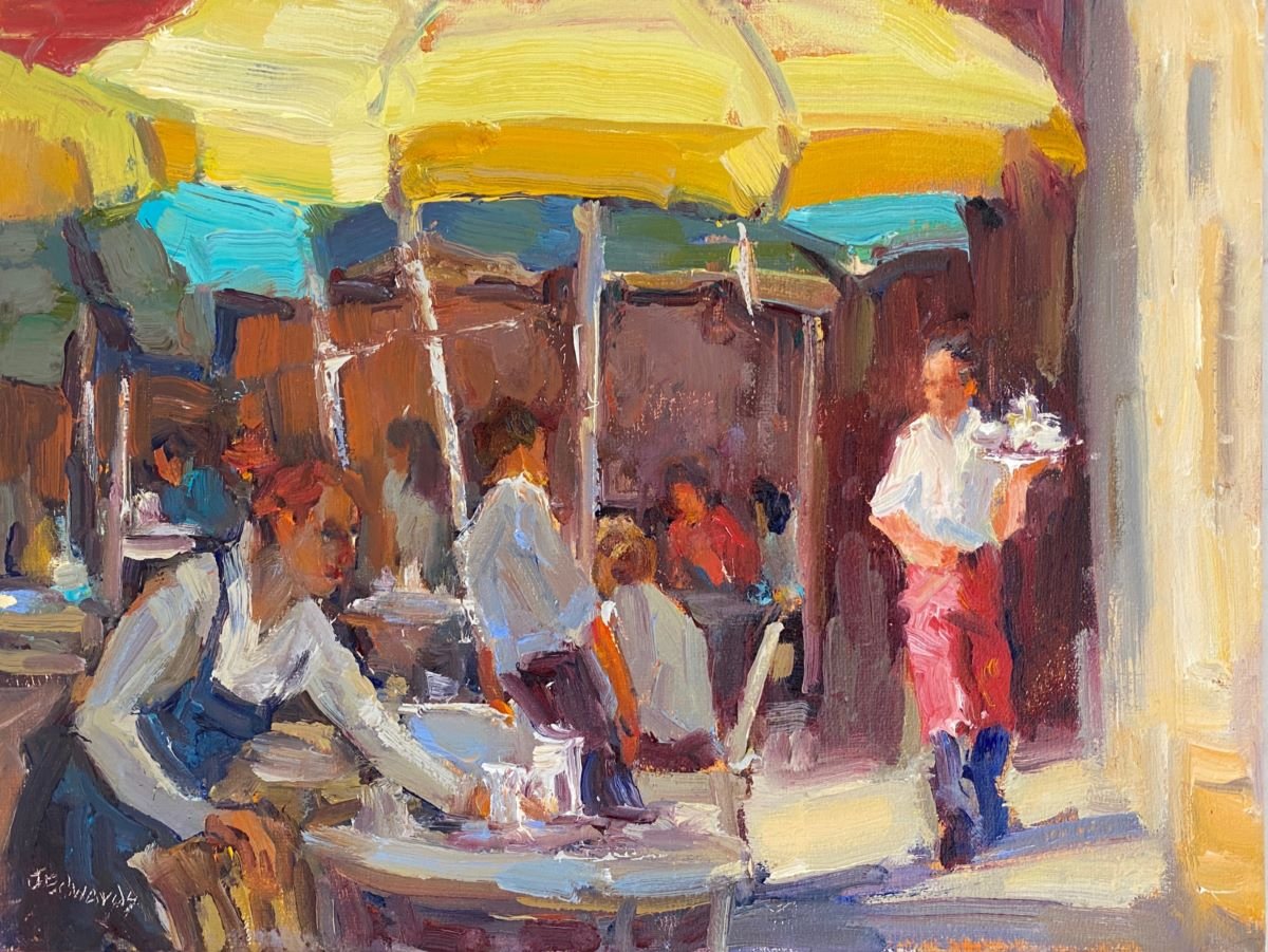 ***SOLD*** JEANNE EDWARDS - Umbrella Light, oil on panel (framed) 9x12