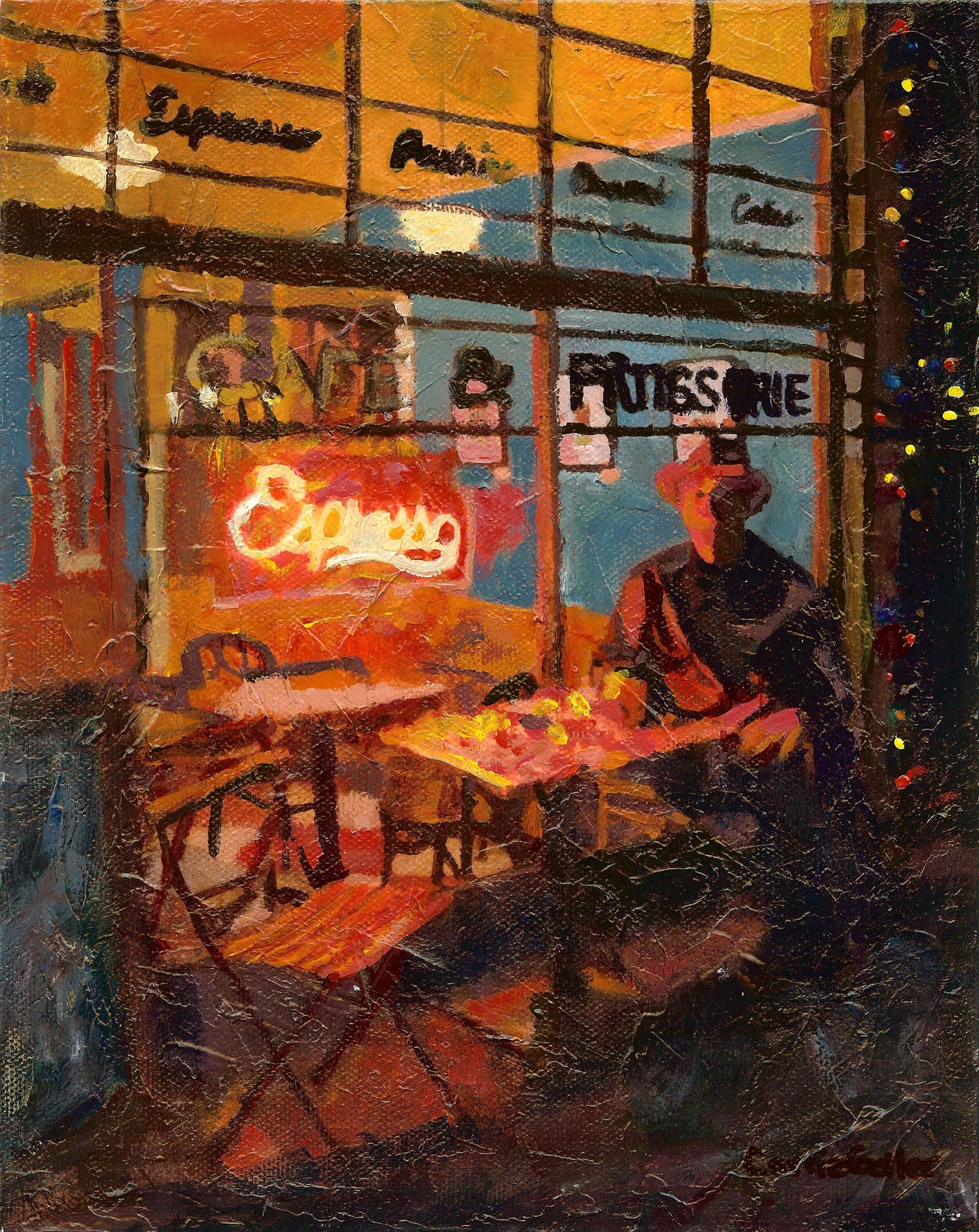 CARRIE GOLLER PRINTS - IMPRESSIONIST - Under the Neon at Sweet Laurette's mixed media, 10x8