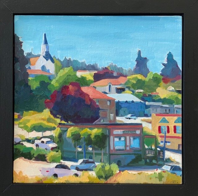 ***SOLD*** JILL ZACOT - Up To Church, 12x12 oil on panel (framed)