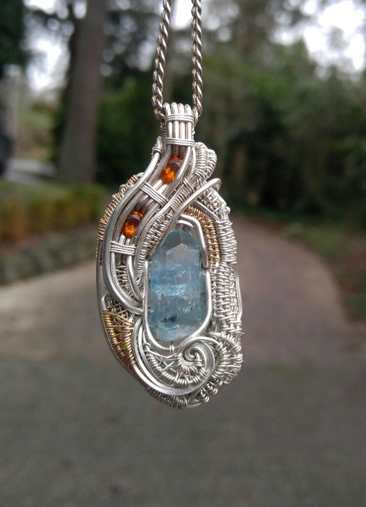 ***SOLD***Vietnamese Aquamarine & 2 Maderia Citrine Pendant set in Sterling Silver and 14k Gold Accents