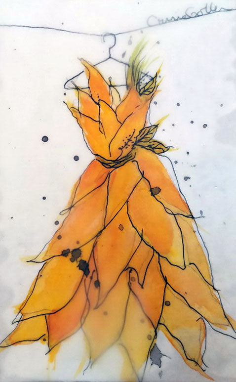 Prints available, original ***SOLD*** Spring Flowers Dress Collection - Yellow Dress, encaustic/mixed media 4x6