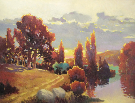 Prints Available original ***SOLD*** MAX HAYSLETTE - Warm Autumn Rain  (HMOC 1232, Oil & Mixed Media 20x25.5)