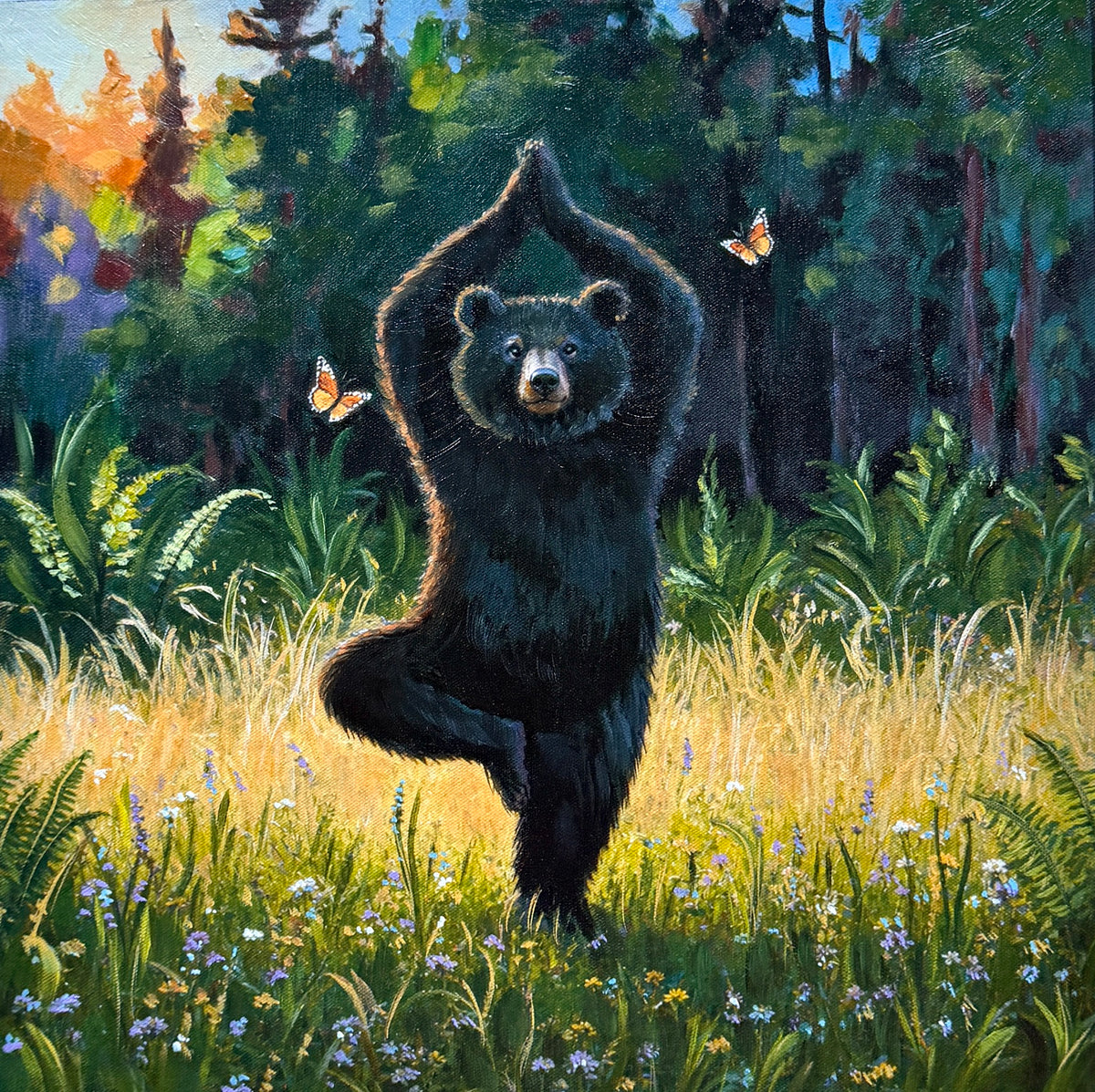 JANDI SMALL - Yoga Bear - Happy Tree Pose, Oil on canvas panel, 16x16