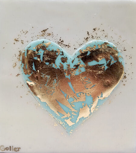 ***SOLD*** Carrie Goller - Blue Heart of Gold, encaustic/gold leaf 5.25x5