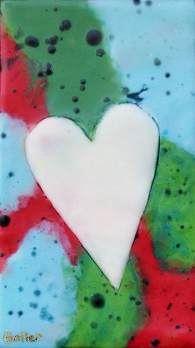 ***SOLD*** Carrie Goller - White Heart on Red Green Blue, encaustic 7x4