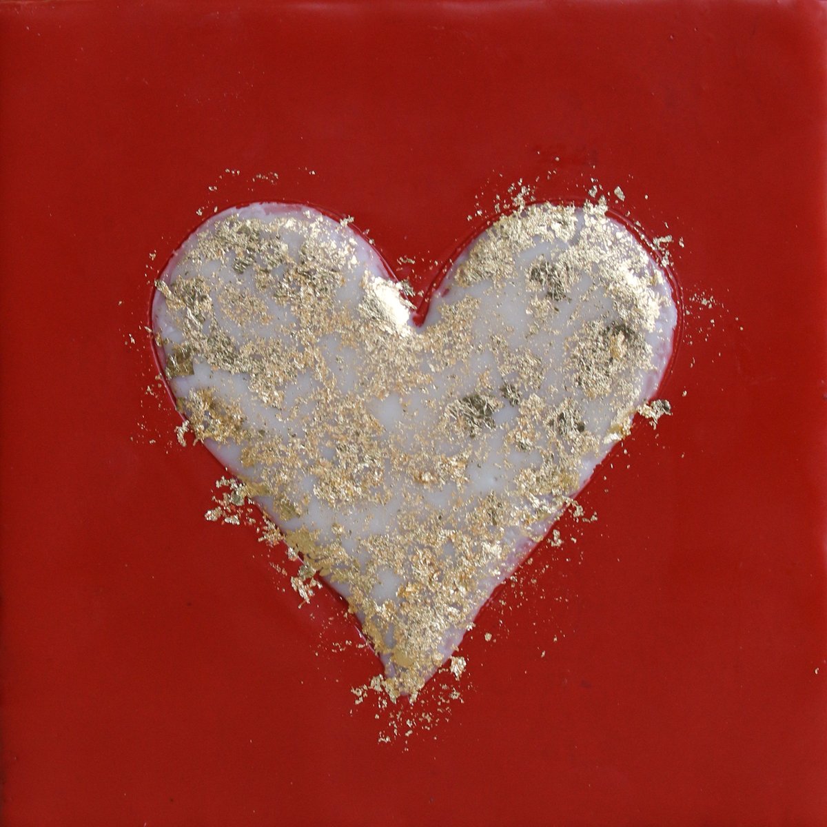 ***SOLD*** Carrie Goller - Encaustic/Gold Leaf White heart on Clasic Red 5.5x5.25