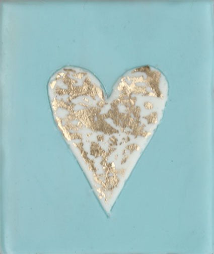 ***SOLD*** Carrie Goller - White Heart with Gold Leaf on Blue, encaustic 4x3.5