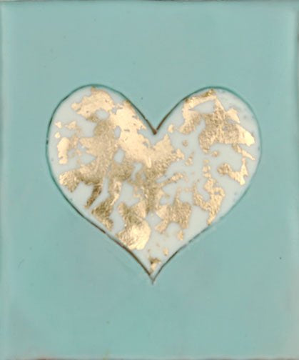 ***SOLD*** Carrie Goller - White Heart with Gold Leaf on Blue, encaustic 4x3.5