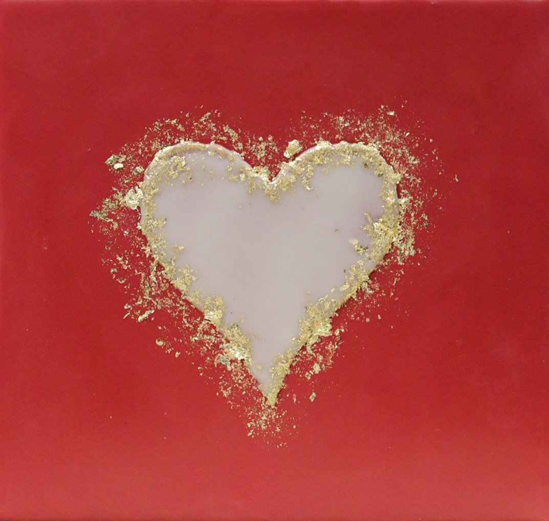 ***SOLD*** Carrie Goller - Encaustic Heart, Rose/Gold Leaf White Heart on Red Wood Block 7x7