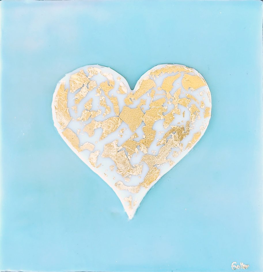 ***SOLD*** Carrie Goller - White heart on teal, encaustic with gold leaf 7x7